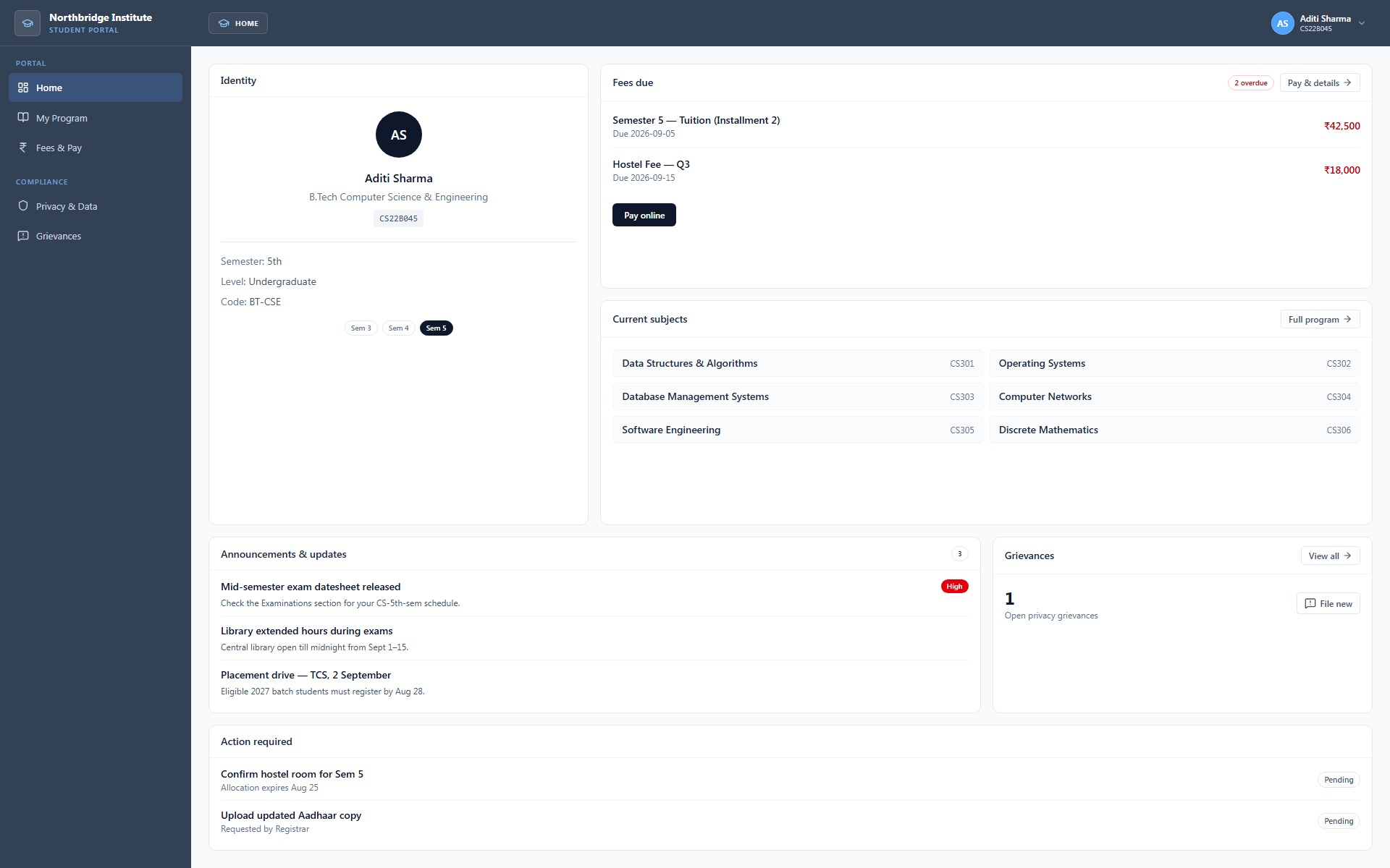 Tuling ERP screenshot — student or registrar desk