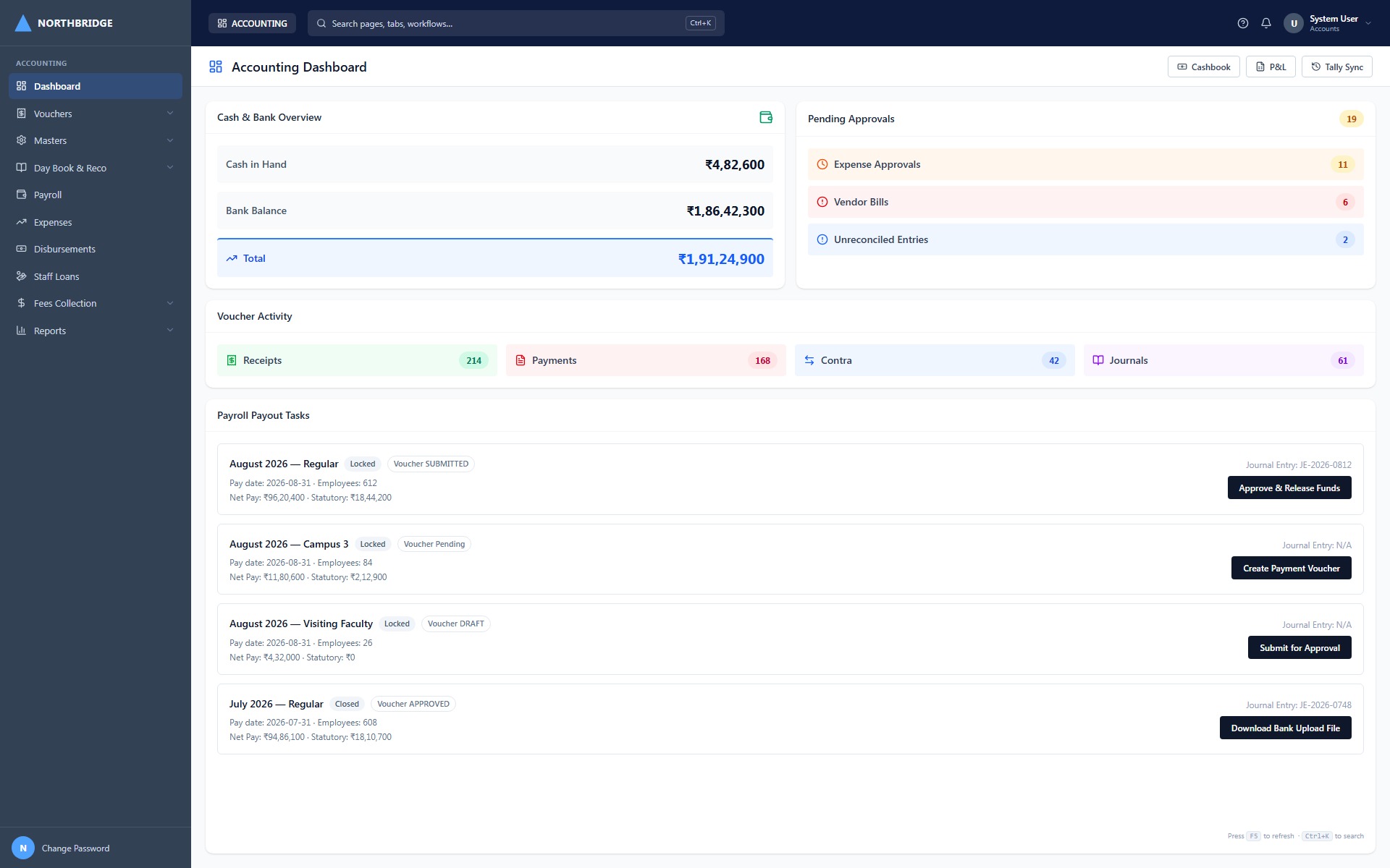 Tuling ERP screenshot — finance or fees desk