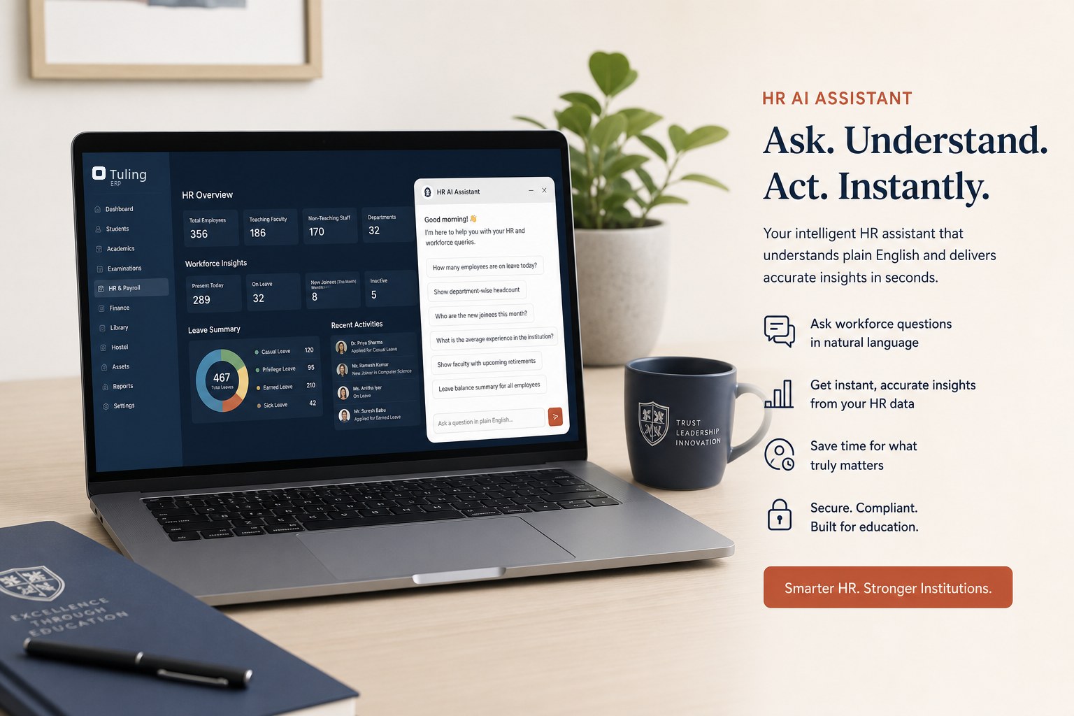 HR AI Assistant on an institutional management desk — ask workforce questions in plain English against live ERP data