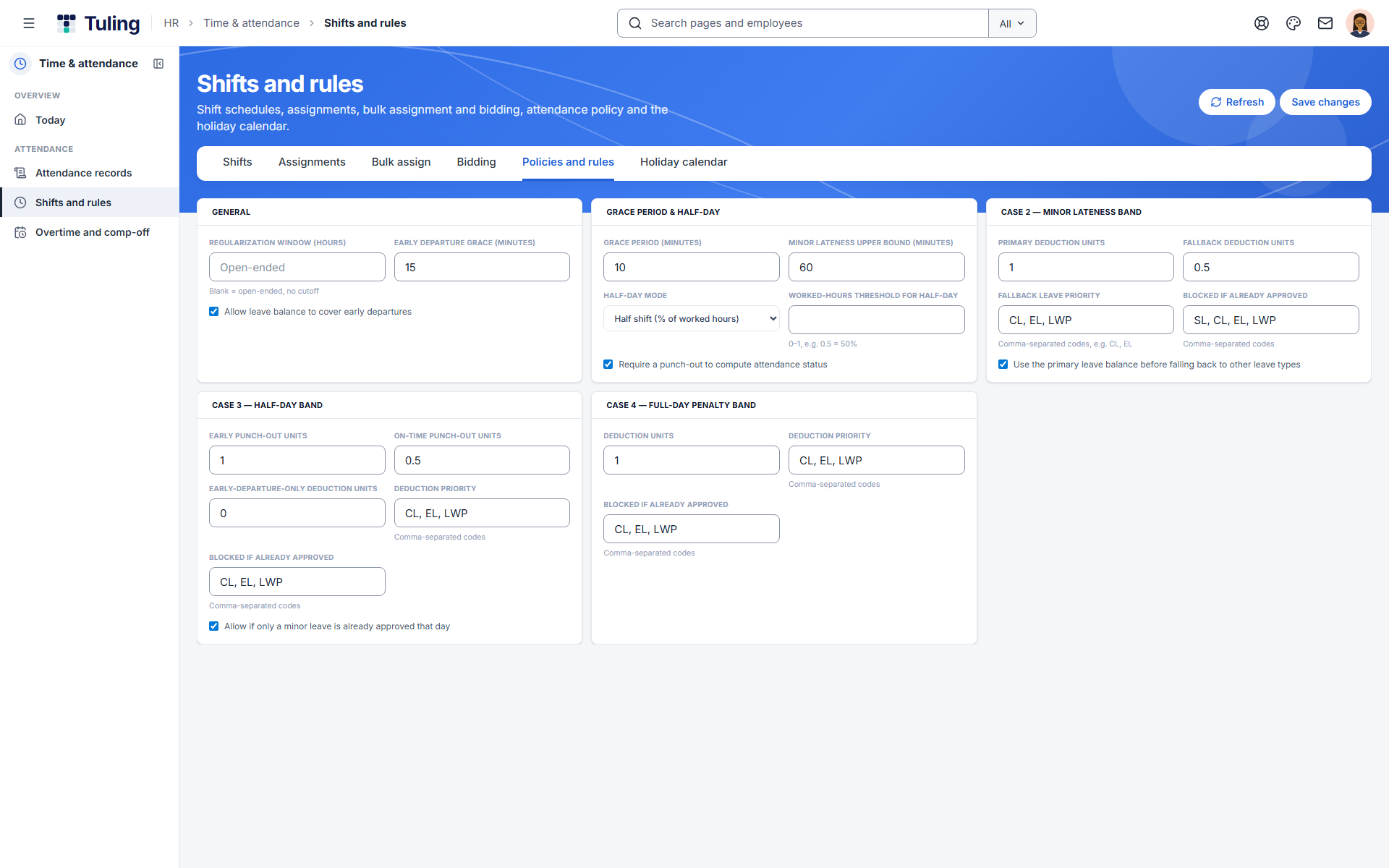 Attendance policy settings with grace period, half-day mode and late-arrival deduction bands