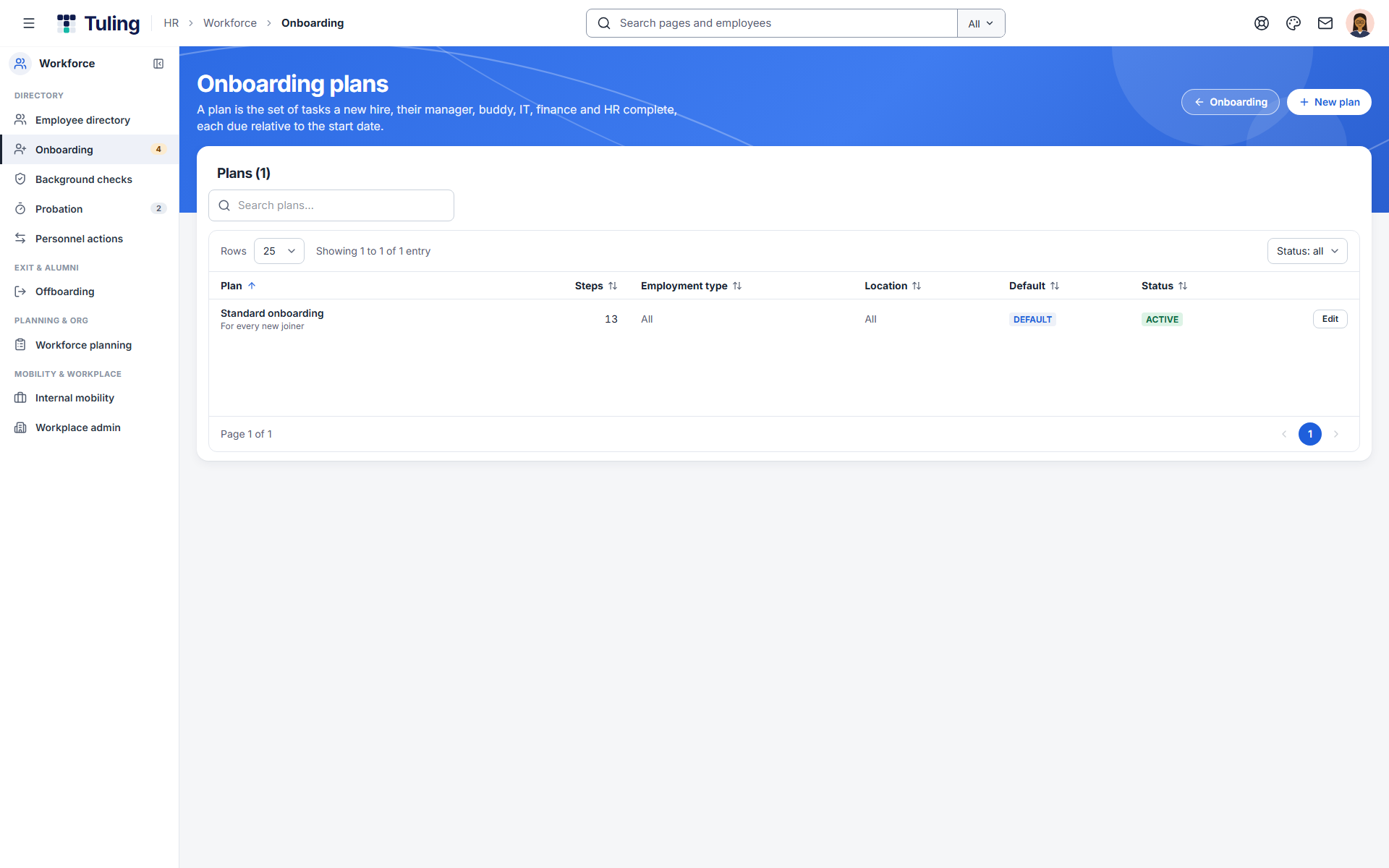 The onboarding plans list with the standard 13-step plan