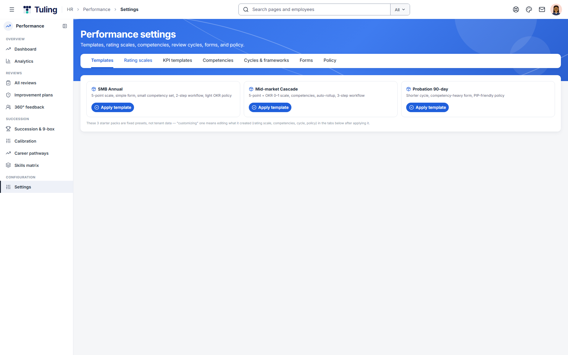 Performance settings with the SMB Annual, Mid-market Cascade and Probation 90-day templates