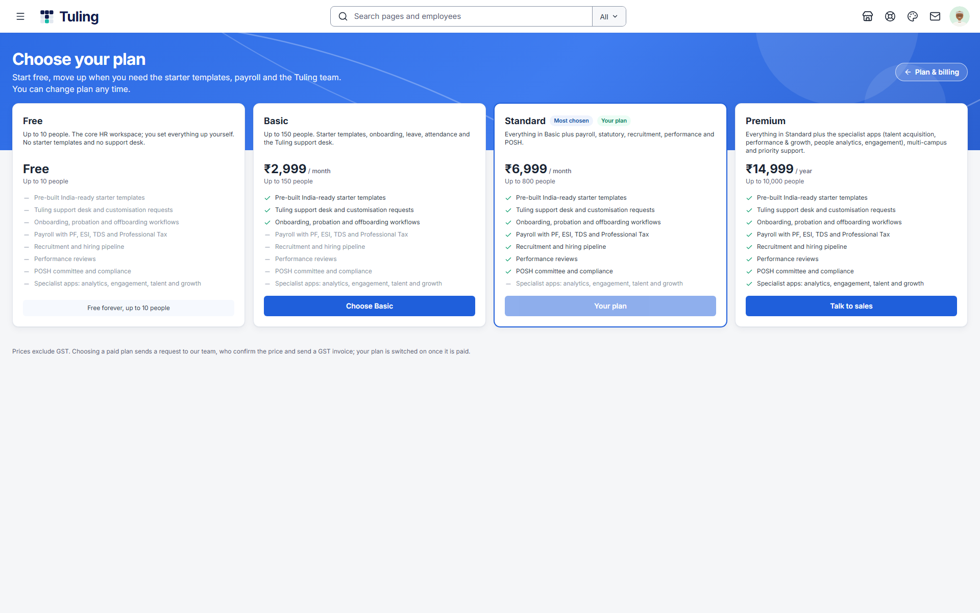 Plan comparison with Free, Basic, Standard and Premium