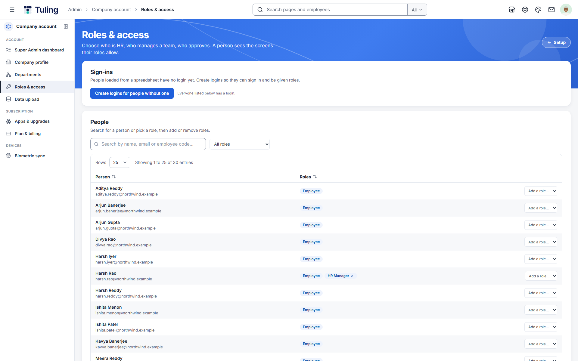 The Roles and access page with a Create logins button and each person's roles