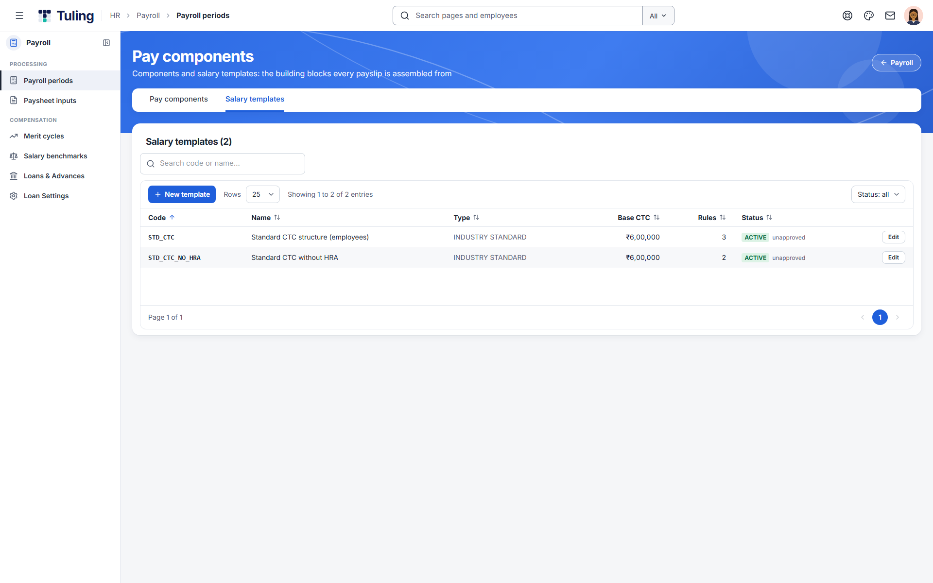Salary templates listing the standard CTC structure with and without HRA