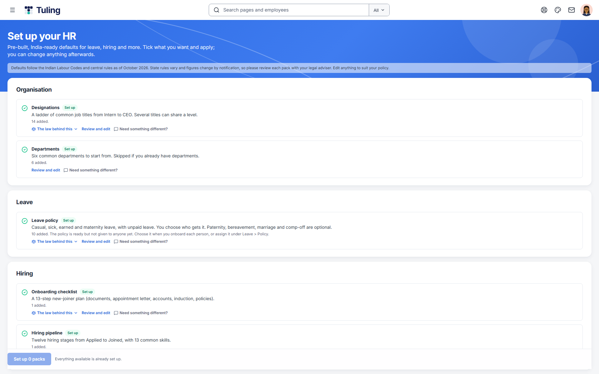 The Set up your HR page in Tuling HRMS, showing designations and departments already set up and the other packs ready to choose
