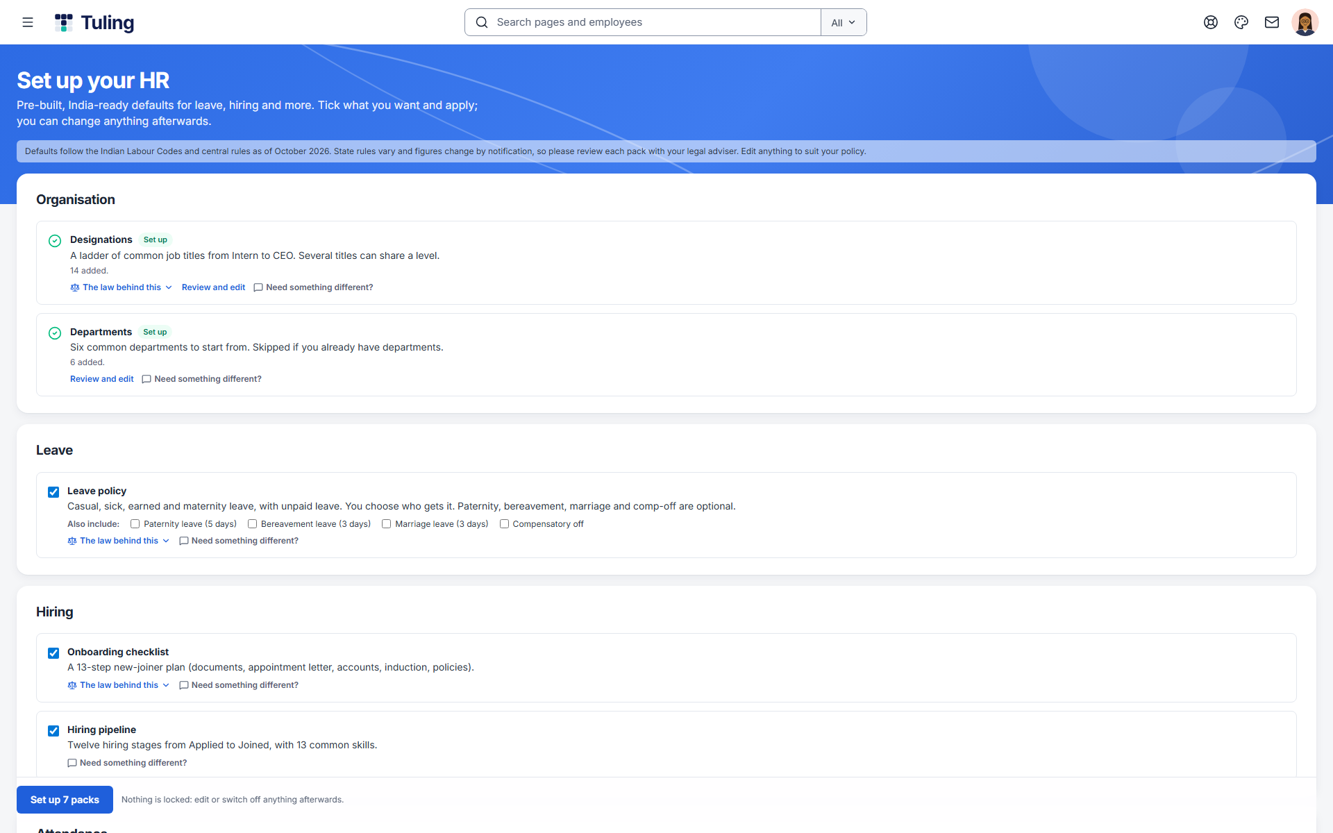Starter packs ready to choose, each with a checkbox and a link to the law behind it